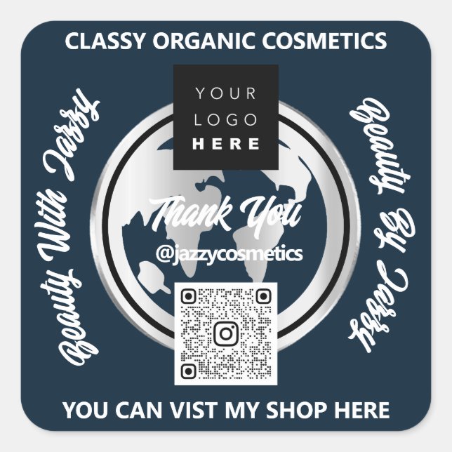 Thank Business QRCode Logo Silver Map Globe Navy Square Sticker (Front)