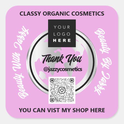 Thank Business QRCode Logo Silver Map Globe Pink Square Sticker