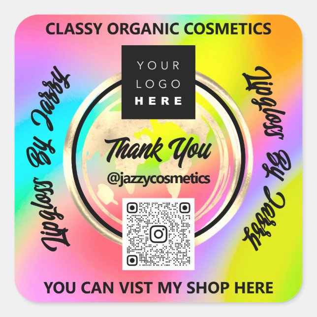 Thank Business QRCode Logo World Earth Holograph Square Sticker (Front)
