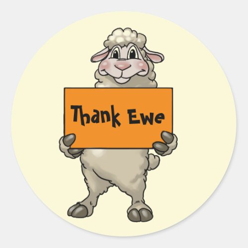 Thank Ewe Funny Cartoon Sheep with Sign Classic Round Sticker