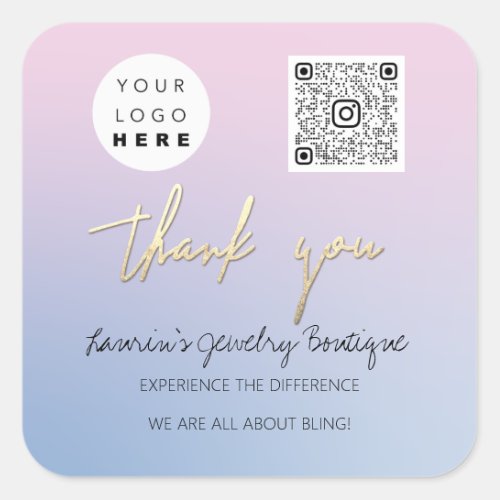 Thank  Logo QrCode Online Shop Blue Pink Square Sticker