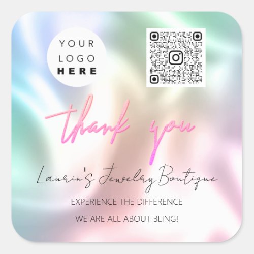 Thank  Logo QrCode Online Shop Pink Holographic Sq Square Sticker