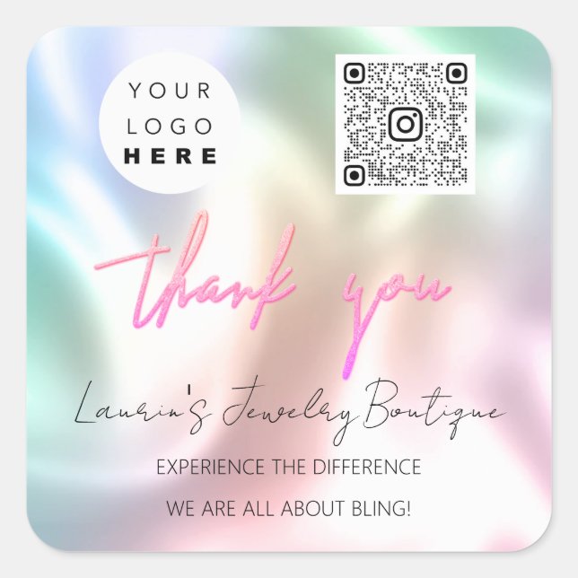Thank  Logo QrCode Online Shop Pink Holographic Sq Square Sticker (Front)