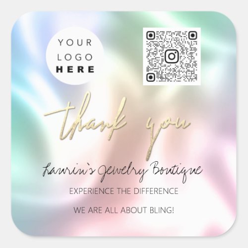 Thank  Logo QrCode Online Shop Pink Holographic Square Sticker