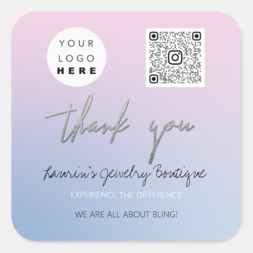 Thank  Logo QrCode Online Shop Pink Silver Square Sticker