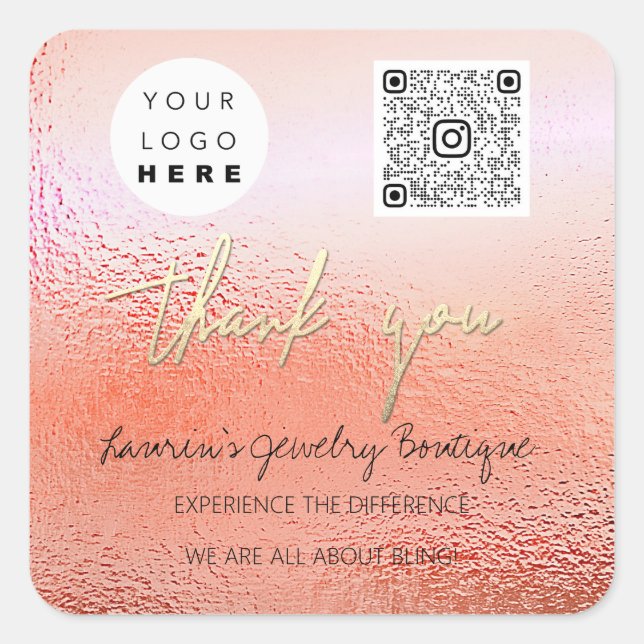 Thank  Logo QrCode Online Shop Rose Gold Square Sticker (Front)