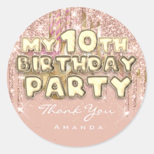 Thank Name 10th Birthday PartyGlitter Ballon Gold Classic Round Sticker