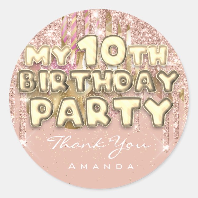 Thank Name 10th Birthday PartyGlitter Ballon Gold Classic Round Sticker (Front)