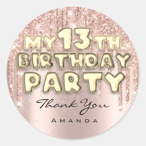 Thank Name 14th Birthday Party Glitter Drips Rose Classic Round Sticker