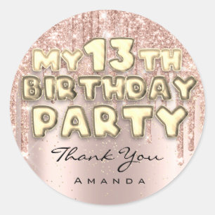 Thank Name 14th Birthday Party Glitter Drips Rose Classic Round Sticker