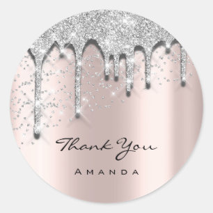 Thank Name 16th Baby Shower Glitter 3D Silver Gray Classic Round Sticker