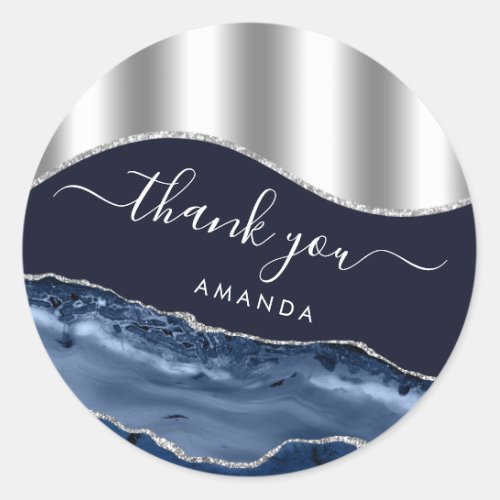 Thank Name 16th Bridal Blue Navy Silver Glitter Classic Round Sticker