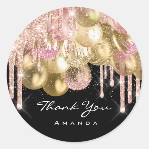 Thank Name 16th Bridal Rose Glitter Ballon Black Classic Round Sticker