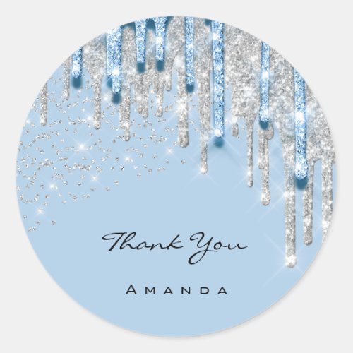 Thank Name 16th Bridal Silver Glitter 3D Blue Classic Round Sticker