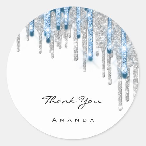 Thank Name 16th Bridal Silver Glitter 3D DripBlue Classic Round Sticker