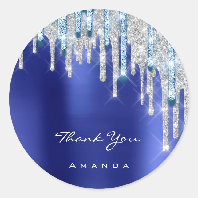 Thank  Name 16th Bridal Silver Glitter Royal Blue Classic Round Sticker (Front)