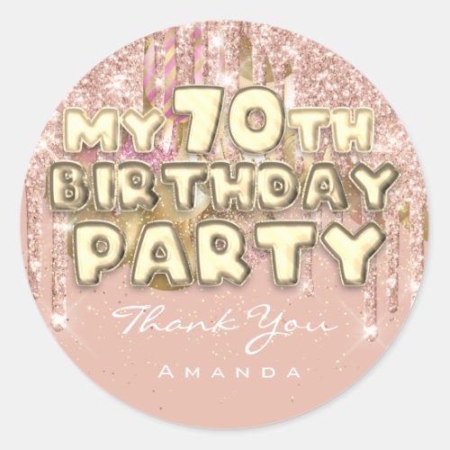 Thank Name 70th Birthday PartyGlitter Ballon Gold Classic Round Sticker