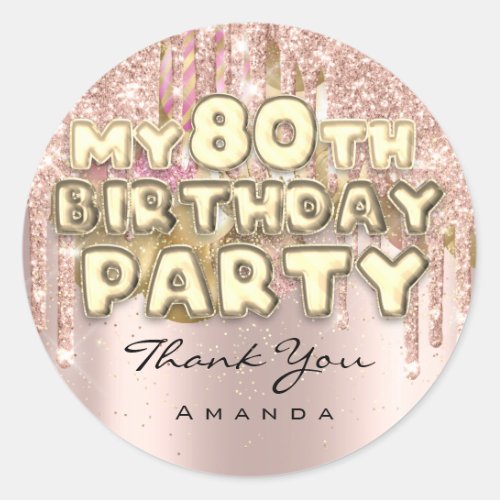 Thank Name 80th Birthday Party Glitter Ballon Rose Classic Round Sticker