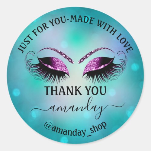 Thank Name Boutique Eyelash Shop Teal Pink Ombre Classic Round Sticker