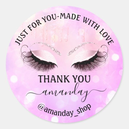 Thank Name  Boutique eyelashes  Shop Pink Glitter Classic Round Sticker