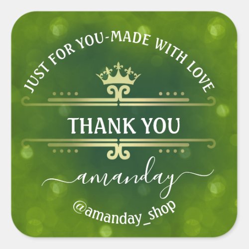 Thank Name  Boutique Shop Royal Crown Gold Green Square Sticker