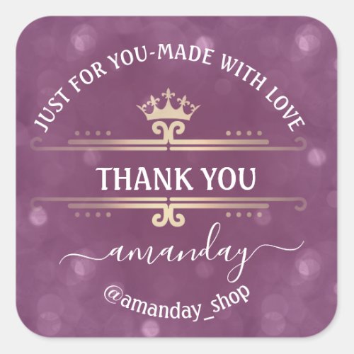 Thank Name  Boutique Shop Royal Crown Gold Purple Square Sticker