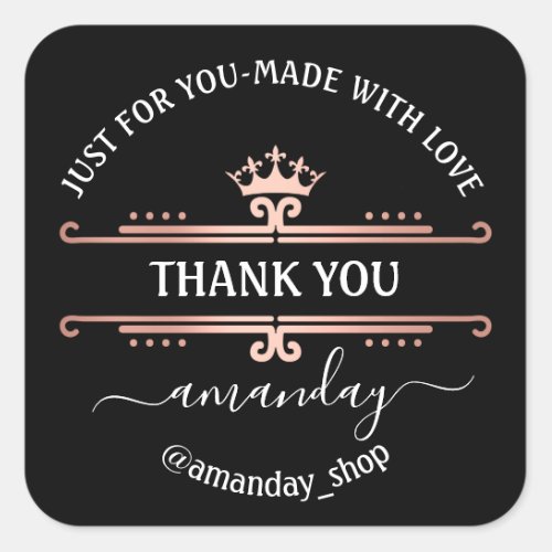 Thank Name  Boutique Shop Royal Crown Rose Black Square Sticker