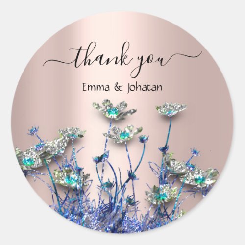 Thank Name Bridal Meadow Wildflower Rose Blue Classic Round Sticker