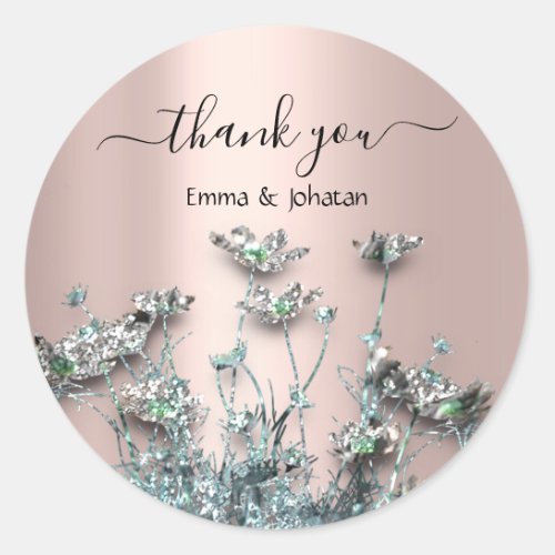 Thank Name Bridal Meadow Wildflowers Rose Gray Classic Round Sticker