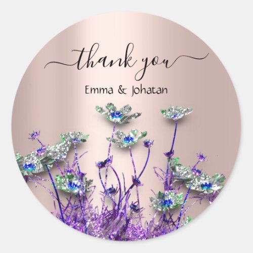 Thank Name Bridal Meadow Wildflowers Rose Violet Classic Round Sticker