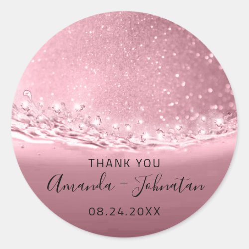 Thank  Name Date Spark Beach Waves Pink Rose Classic Round Sticker