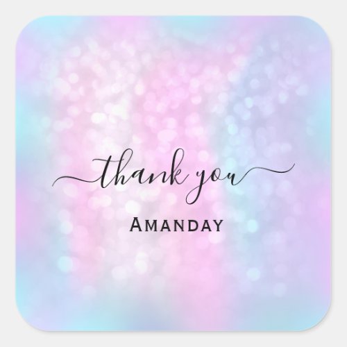 Thank Name Holograph Abstract  Blue Pink Ombr Square Sticker