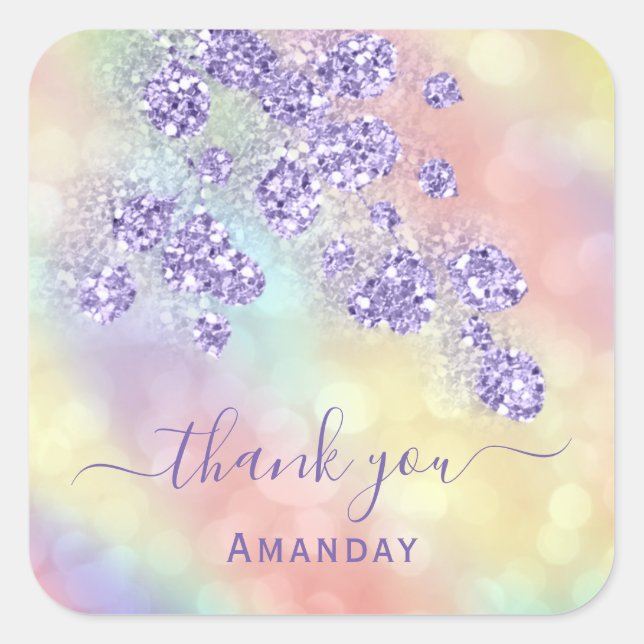 Thank Name Holograph Floral Glitter Dusty Lavender Square Sticker (Front)