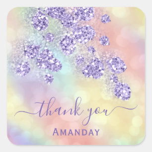 Thank Name Holograph Floral Glitter Dusty Lavender Square Sticker