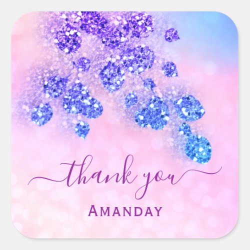 Thank Name Holograph Pink Floral Royal Blue Square Sticker