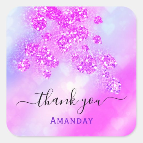 Thank Name Holographic Pink Bridal Hearts Floral Square Sticker