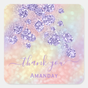 Thank Name Holographic Pink Bridal Lavender Floral Square Sticker