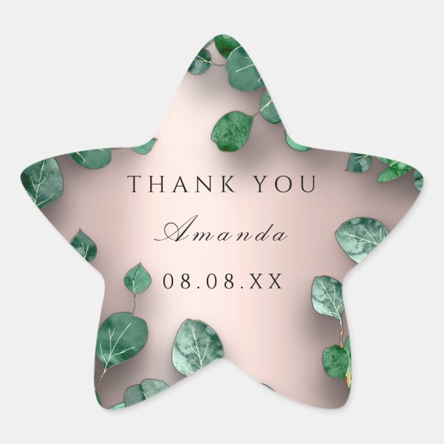 Thank Name Rose Green Eucalyptus Woodland Favor Star Sticker (Front)