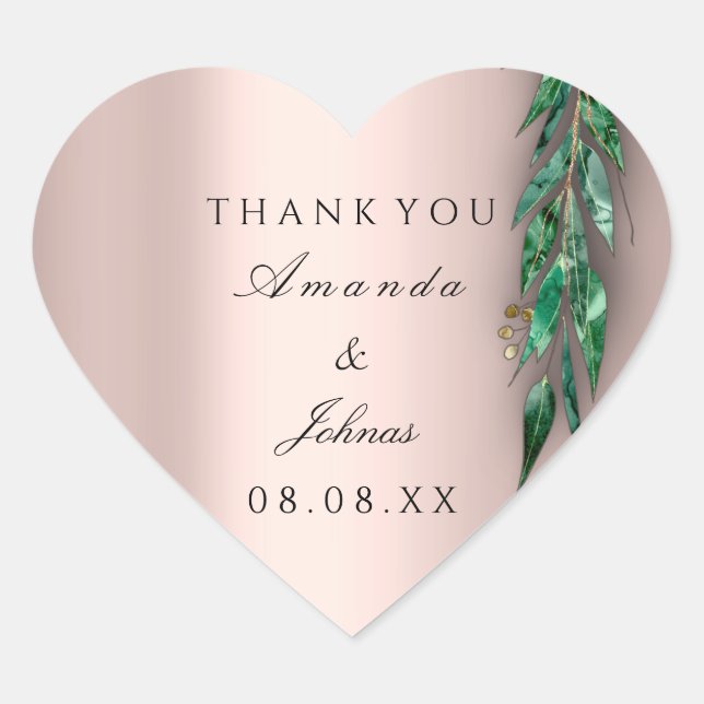 Thank Name Rose Heart Eucalyptus Greenery Weddings Heart Sticker (Front)