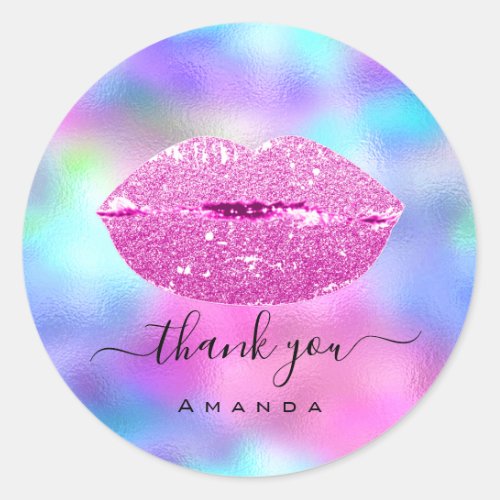 Thank Name Sweet16th Bridal Pink Holographic  Lips Classic Round Sticker