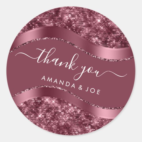 Thank Name Sweet 16th Bridal Burgundy Rose Glitter Classic Round Sticker