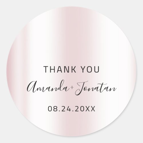 Thank Pastel Blush Name Date Black White Pink Classic Round Sticker