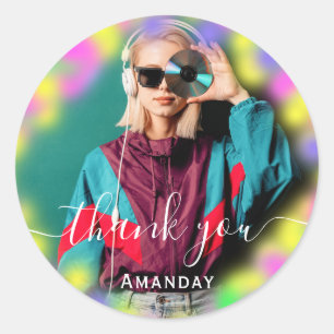 Thank Photo Neon Pink Birthday Party Music CD Classic Round Sticker