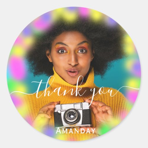 Thank Photo Neon Pink Party Holographic Graduate Classic Round Sticker