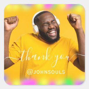 Thank Photo Neon Yellow Holograph Singer DJ Music Square Sticker
