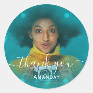 Thank Photo  Pink Birthday Party Girl Teal Classic Round Sticker