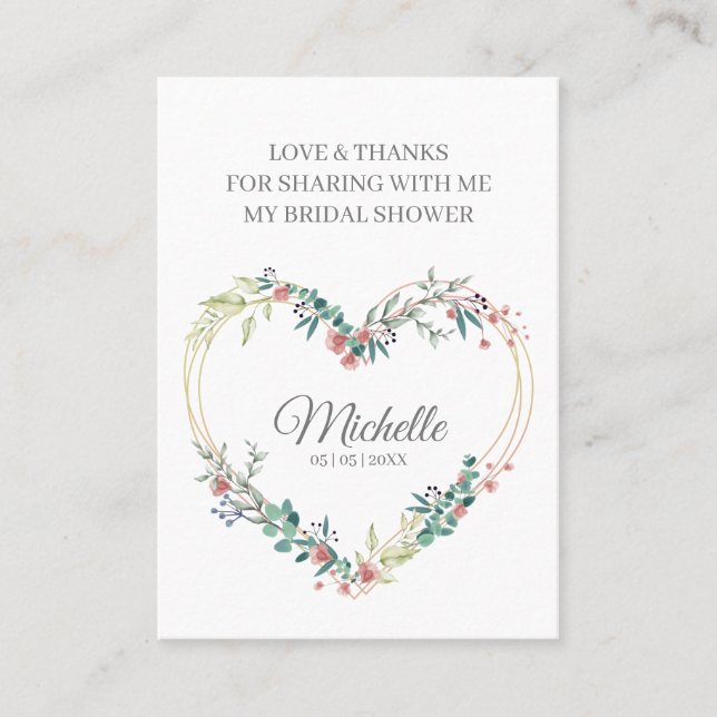 Thank Pink Floral Heart for Bridal Shower Name Business Card (Front)