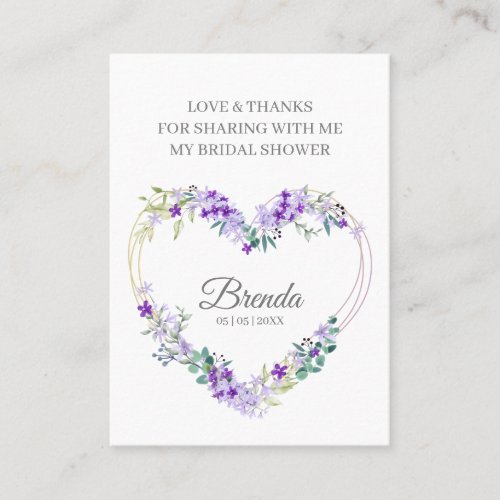 Thank Purple Floral Heart for Bridal Shower Name Business Card