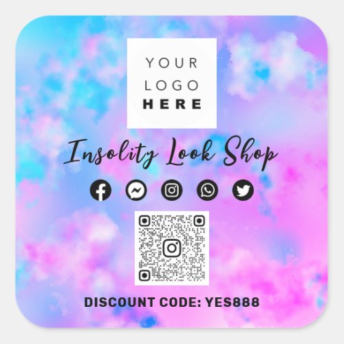 Thank QR CODE Logo Discount  Code Holographic Pink Square Sticker