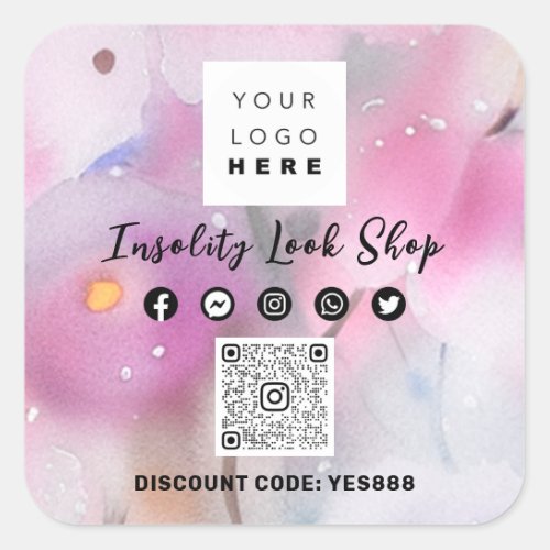 Thank QR CODE Logo Discount Code Pink Floral Square Sticker